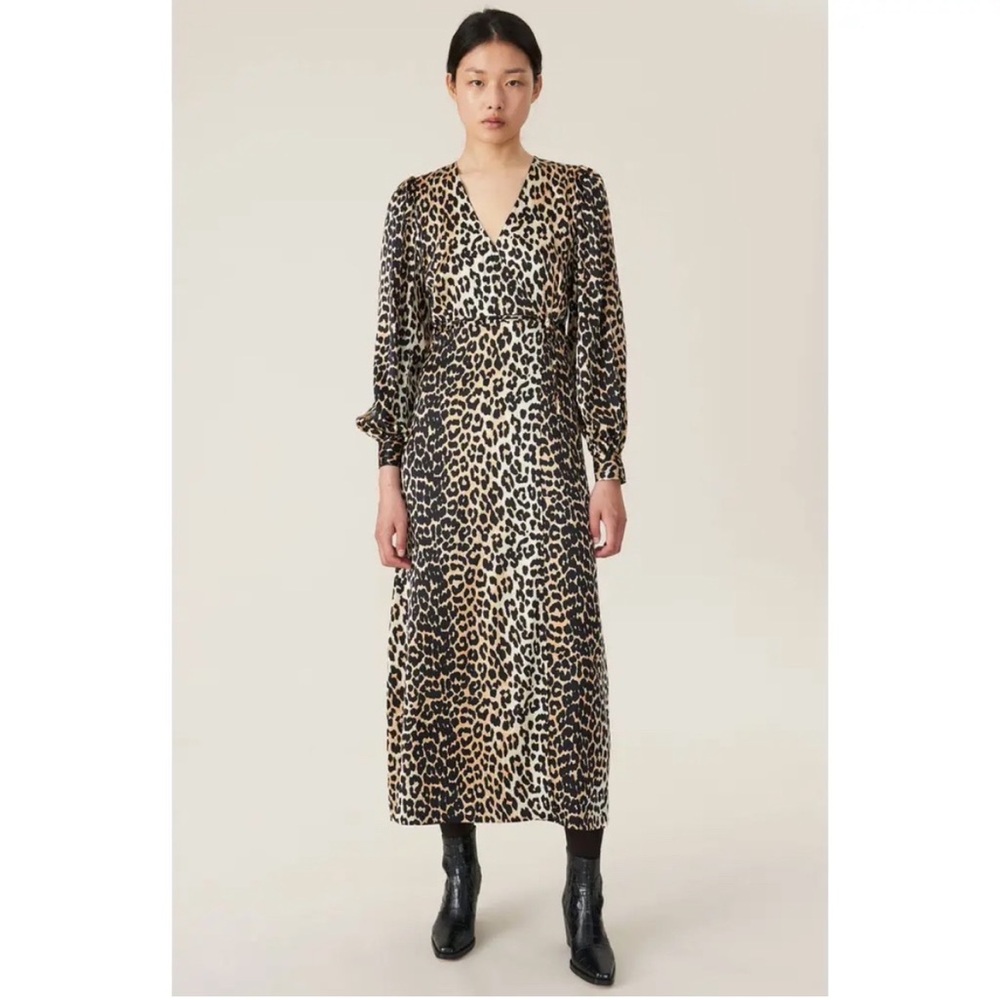 Ganni Silk Wrap Dress Leopard Print Long Sleeve Mob Wife Luxury Sz 38 = US 6